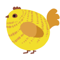 A yellow and orange chicken with a bar pattern