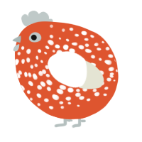 A vermilion and white chicken with a speckle pattern
