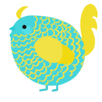 A aqua and yellow chicken with a lace pattern