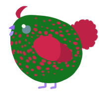 A leaf and crimson chicken with a speckle pattern