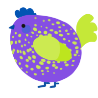 A blurple and lime chicken with a speckle pattern