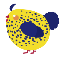 A yellow and navy chicken with a speckle pattern