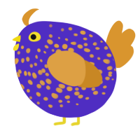 A indigo and orange chicken with a speckle pattern