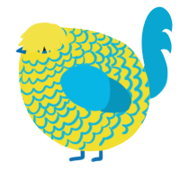 A yellow and cerulean chicken with a lace pattern