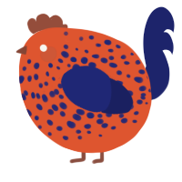 A vermilion and navy chicken with a speckle pattern