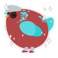 A red and aqua chicken with a neck-speckle pattern
