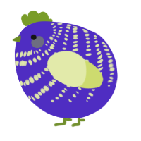 A indigo and lemon chicken with a bar pattern
