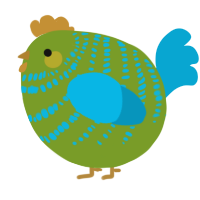 A chartreuse and cerulean chicken with a bar pattern