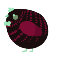A black and maroon chicken with a bar pattern