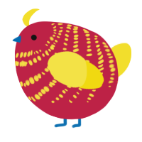 A crimson and yellow chicken with a bar pattern