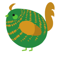 A viridian and ochre chicken with a bar pattern