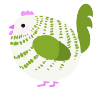 A white and chartreuse chicken with a bar pattern
