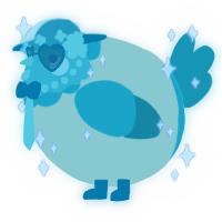 A gluppy and turquoise chicken with a head pattern