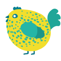 A yellow and turquoise chicken with a speckle pattern