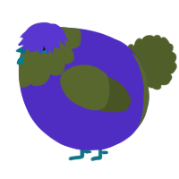 A indigo and olive chicken with a head pattern