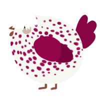 A white and maroon chicken with a speckle pattern
