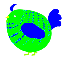 A orchid and beige chicken with a bar pattern