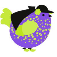 A blurple and lime chicken with a speckle pattern