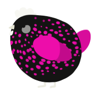 A black and fuchsia chicken with a speckle pattern