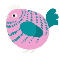 A pink and teal chicken with a bar pattern
