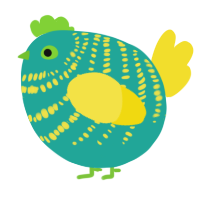 A turquoise and yellow chicken with a bar pattern