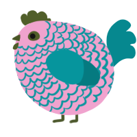A pink and teal chicken with a lace pattern