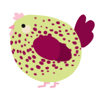 A lemon and maroon chicken with a speckle pattern