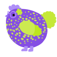 A blurple and lime chicken with a speckle pattern