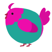 A turquoise and fuchsia chicken with a head pattern