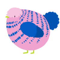 A pink and ultramarine chicken with a bar pattern