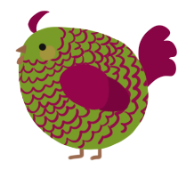 A chartreuse and maroon chicken with a lace pattern