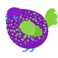 A violet and grass chicken with a speckle pattern
