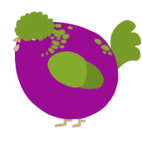 A plum and chartreuse chicken with a neck-speckle pattern