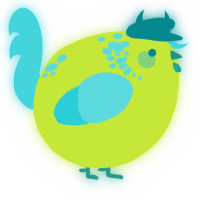 A lime and aqua chicken with a neck-speckle pattern