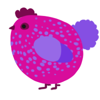 A fuchsia and blurple chicken with a speckle pattern
