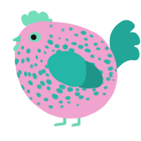 A pink and turquoise chicken with a speckle pattern