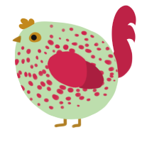 A gluppy and crimson chicken with a speckle pattern