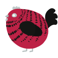A crimson and black chicken with a bar pattern