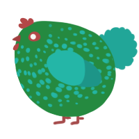 A viridian and turquoise chicken with a speckle pattern