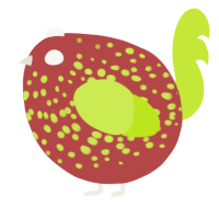 A red and lime chicken with a speckle pattern