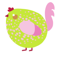 A lime and pink chicken with a speckle pattern