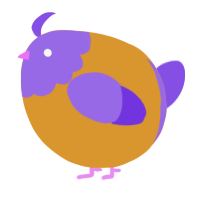 A orange and blurple chicken with a head pattern