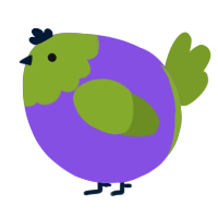 A blurple and chartreuse chicken with a head pattern