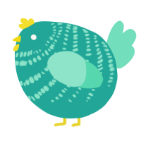 A turquoise and mint chicken with a bar pattern