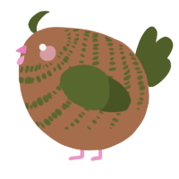 A brown and olive chicken with a bar pattern