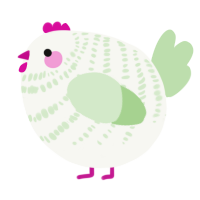 A white and gluppy chicken with a bar pattern