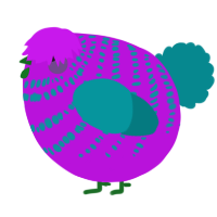 A amethyst and teal chicken with a bar pattern