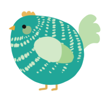 A turquoise and gluppy chicken with a bar pattern