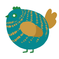 A teal and gold chicken with a bar pattern