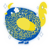 A ultramarine and yellow chicken with a double-lace pattern